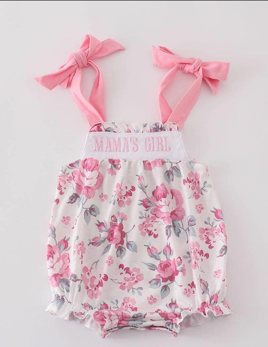 Girl's Boutique Pink Floral MAMA'S GIRL Embroidered Embroidery Bubble Romper Matching Sibling