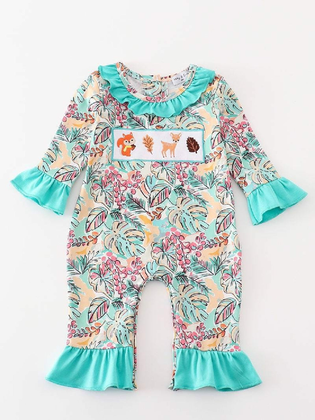 Girl's Boutique Teal Floral Print Forest Animal Embroidered Embroidery BABY Toddler Jumper Romper One Piece Matching Sibling