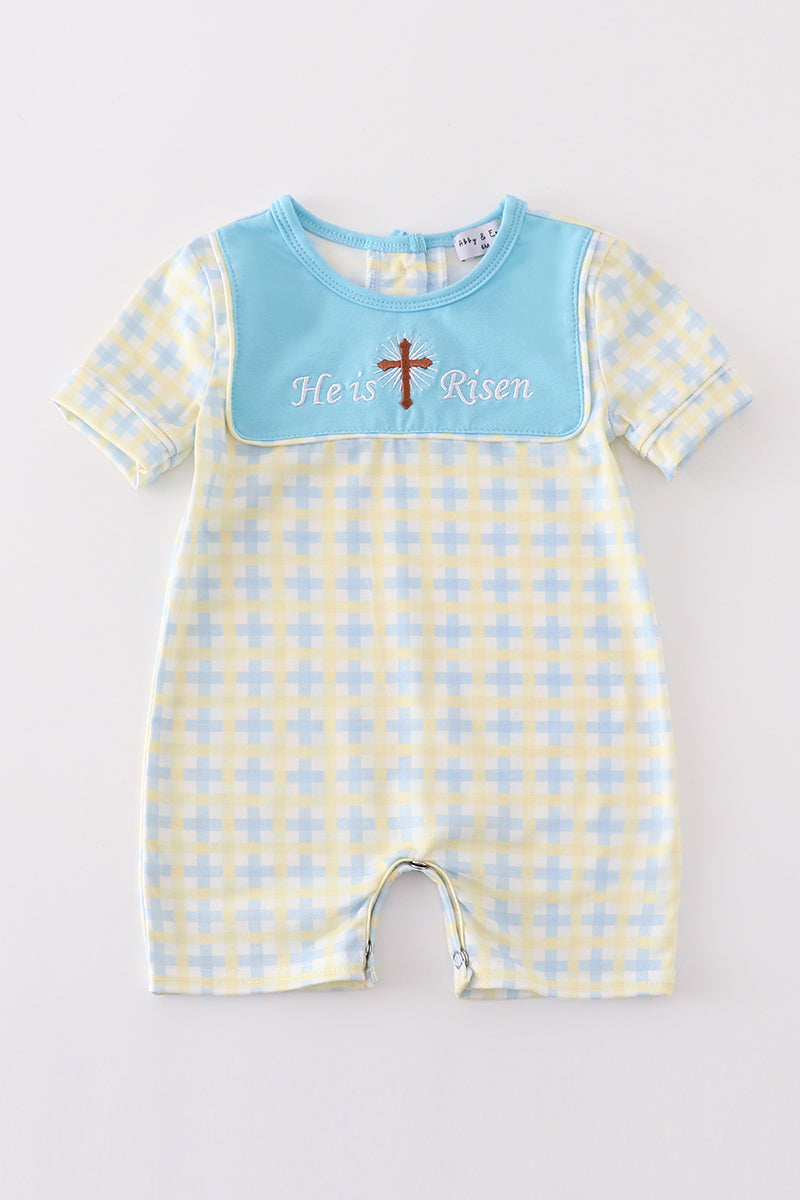 Boy's Boutique Blue & Yellow Easter He Is Risen Applique Checkered Embroidered Jon Jon Romper Outfit Matching Sibling