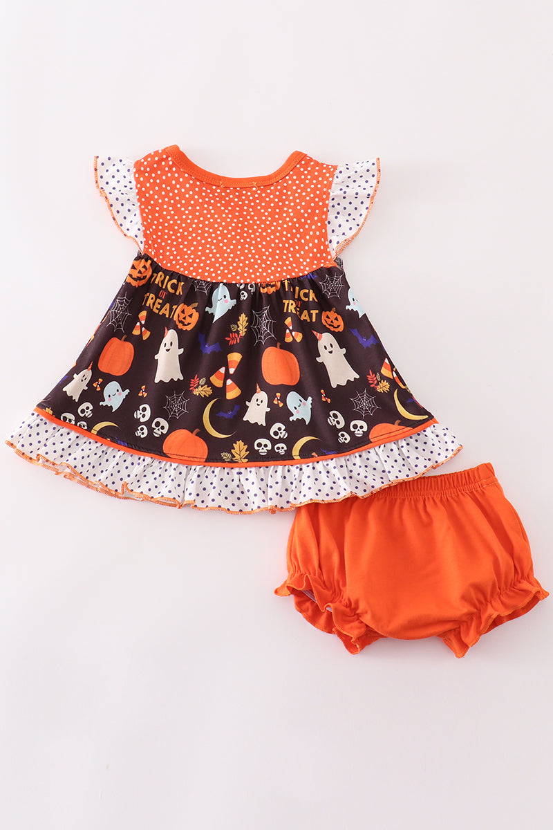 Abby & Evie Girl's Boutique Orange Trick Or Treat Halloween Candy Corn 2 Two Piece Bloomer Set Sibling Matching