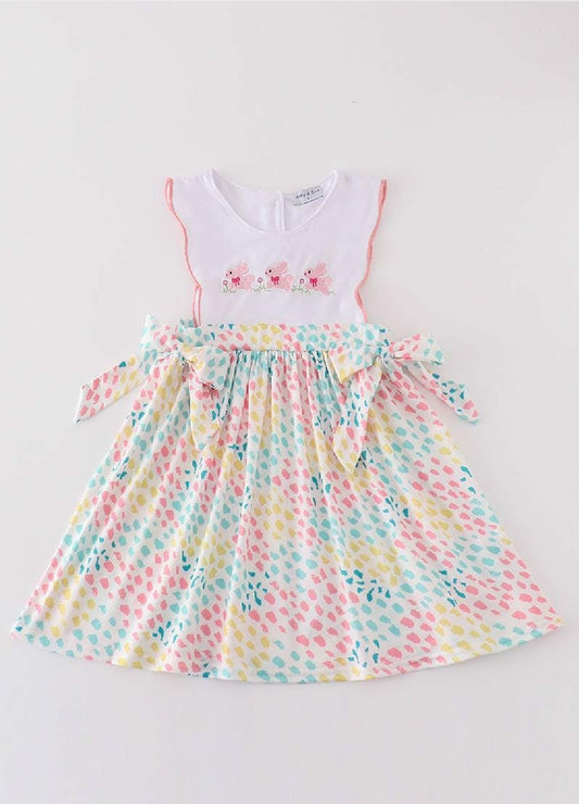 Girl's Boutique Pink Easter Bunny Leopard Applique Embroidered Embroidery Dress Matching Sibling