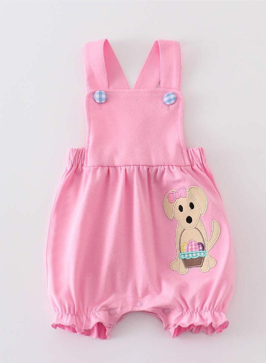 Girl's Boutique Premium Pink Easter Basket Puppy Girl Embroidered Embroidery Romper Outfit Matching Sibling
