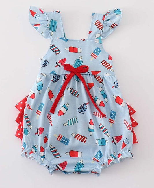 Girl's Boutique Cotton Blue Popsicles Print Embroidered Summer Ruffle Bubble Romper Matching Sibling 4th of July Patriotic