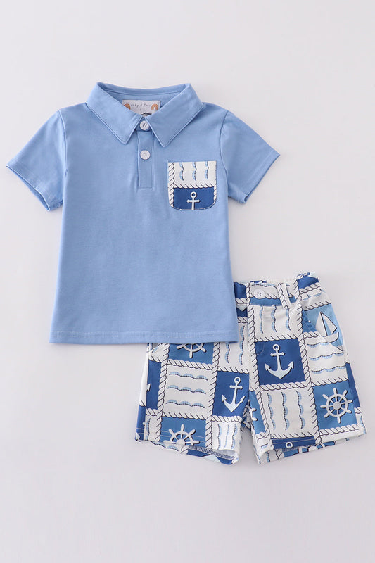 Abby & Evie Boy's Boutique Blue Sailboat Checkered Pocket Button Shirt Shorts 2 Piece Set Sibling Matching Summer Cruise Trip