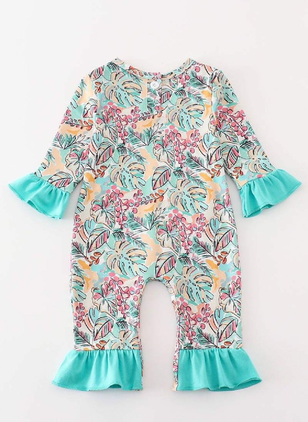 Girl's Boutique Teal Floral Print Forest Animal Embroidered Embroidery BABY Toddler Jumper Romper One Piece Matching Sibling
