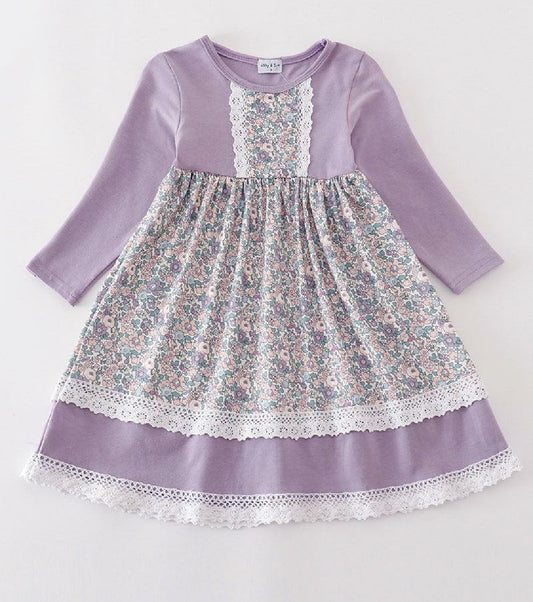 Girl's Boutique Purple Floral Print Lace Lilac Spring Dress Matching Sibling