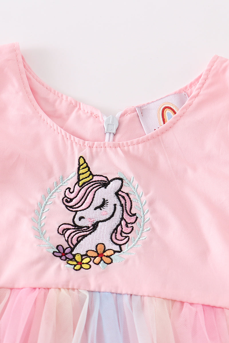 Girl's Boutique Rainbow Unicorn Ruffle Embroidered Bubble Romper Dress