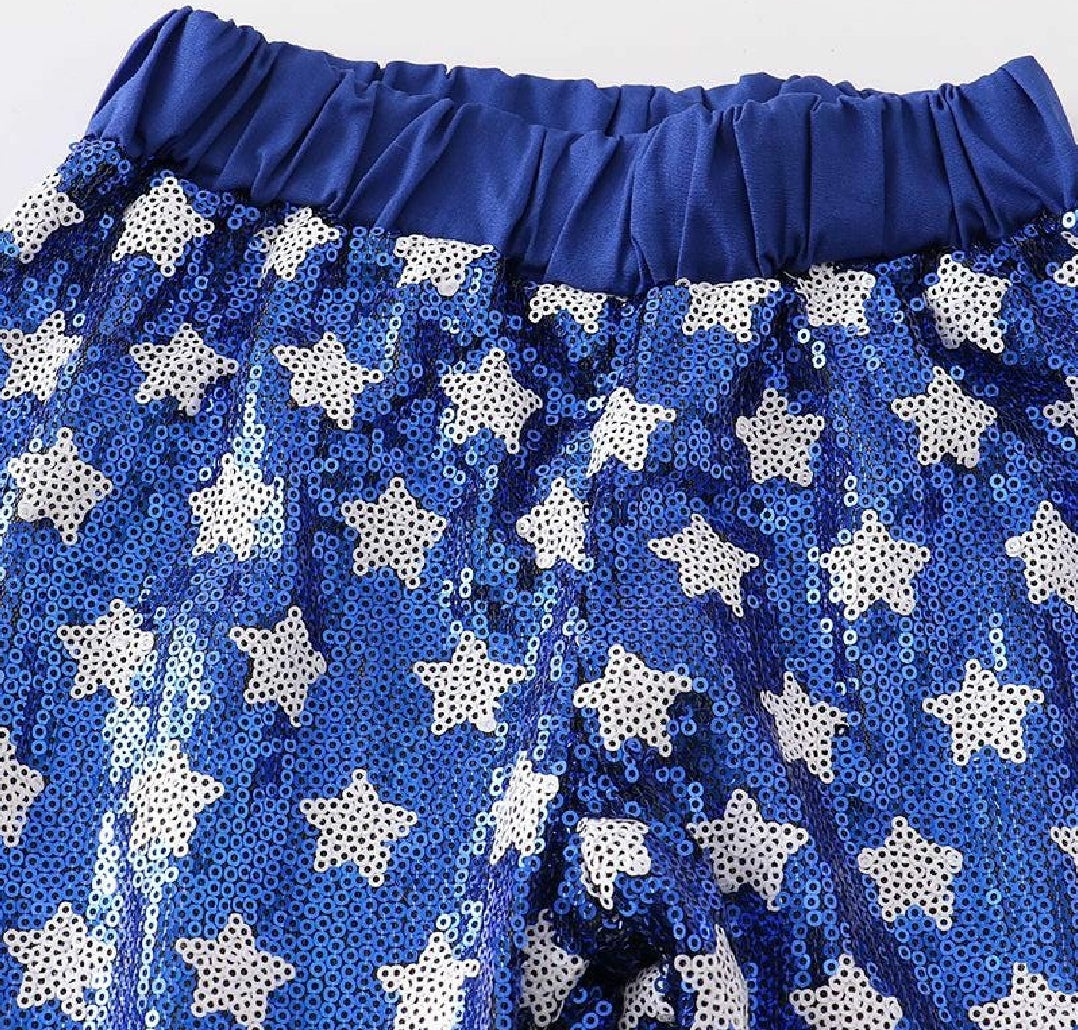 Girl's Boutique Patriotic Star Sequin Summer 2 Piece Set Outfit 4th Of July Dance Cheer