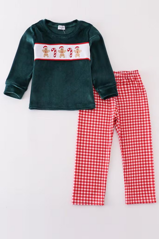 Abby & Evie Boys Boutique Forest Green Gingerbread Velvet Embroidery Embroidered 2 Piece Pant Set Outfit Matching Sibling