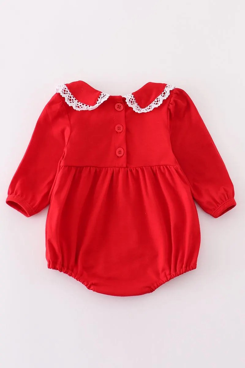 Abby & Evie Girl's Boutique Red Christmas Gingerbread Embroidered Embroidery Bubble Romper Sibling Matching