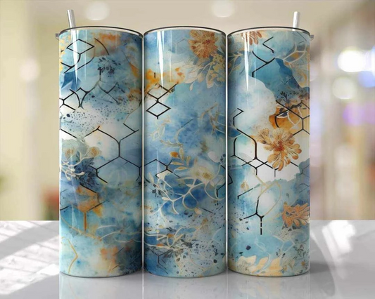 Blue Gold Floral Honeycomb Stainless Steel Tumbler