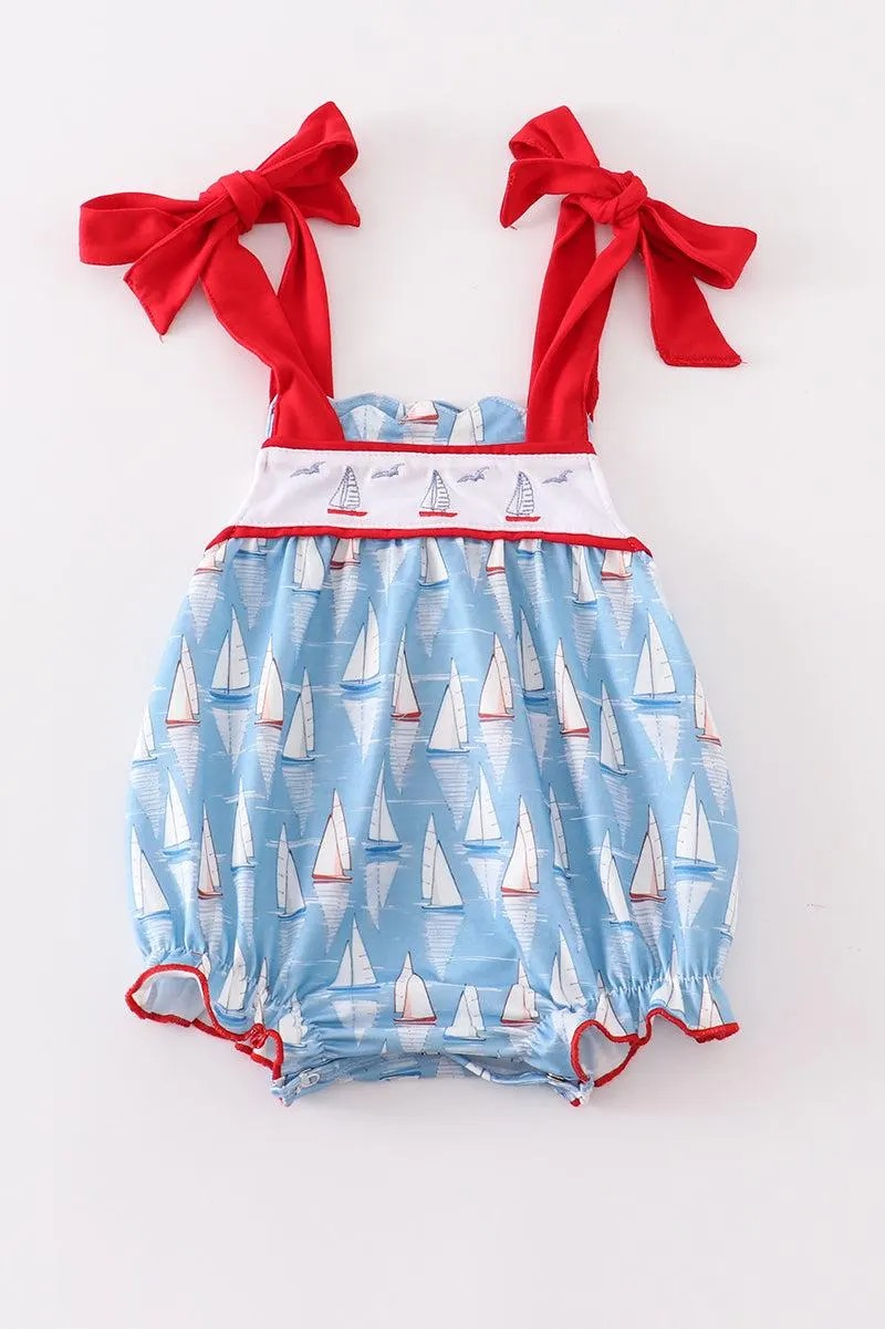 Abby & Evie Girl's Boutique Cotton Blue Sailboat Embroidered Summer Bubble Romper Dress Matching Sibling