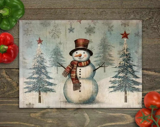 Winter Rustic Snowman Holiday Snow Christmas Custom Glass Cutting Board