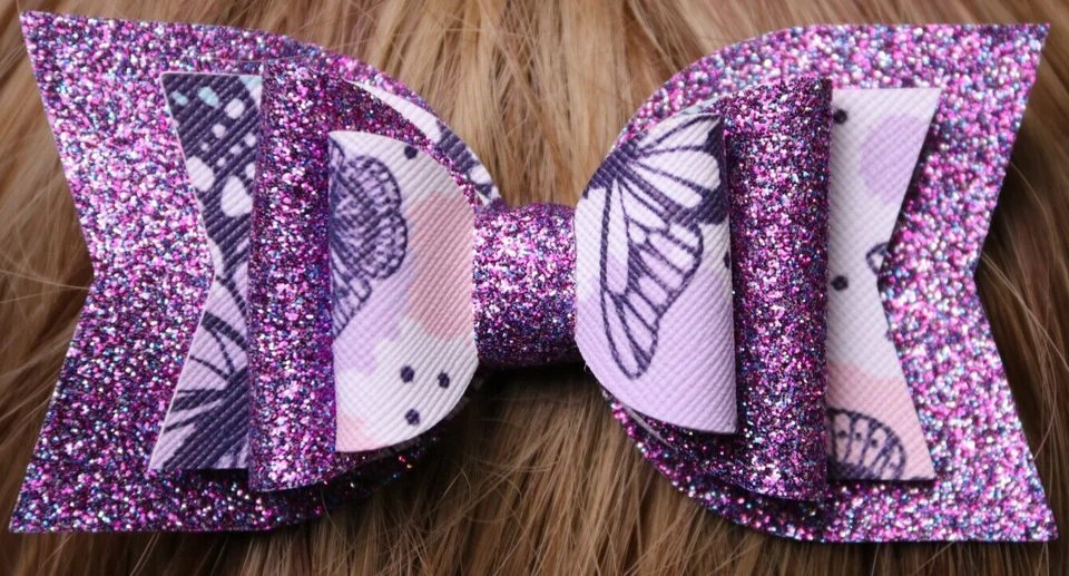 Purple Glitter Butterfly Hair Bow Stacked Boutique Handmade