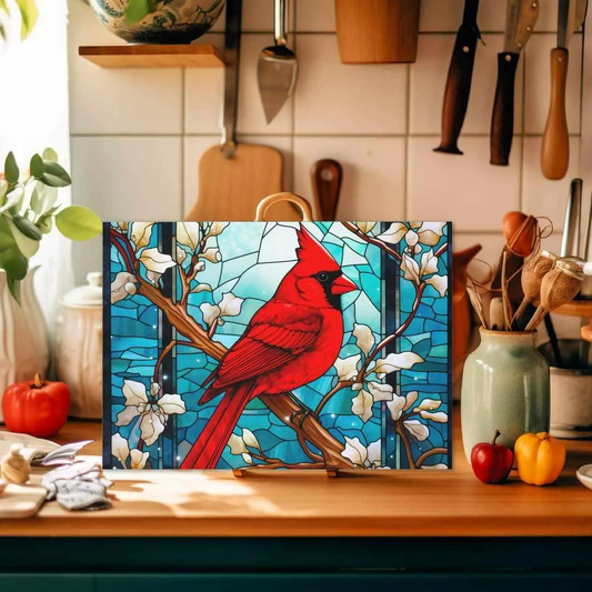 Stained Glass Look Cardinal Red Bird Glass Cutting Board