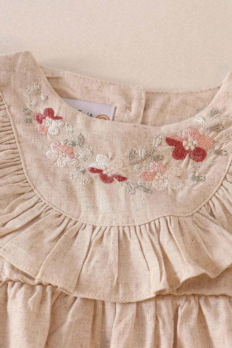 Petal & Pine Girl's Boutique Beige Floral Embroidered Linen Ruffle Bubble Button Romper Matching Sibling