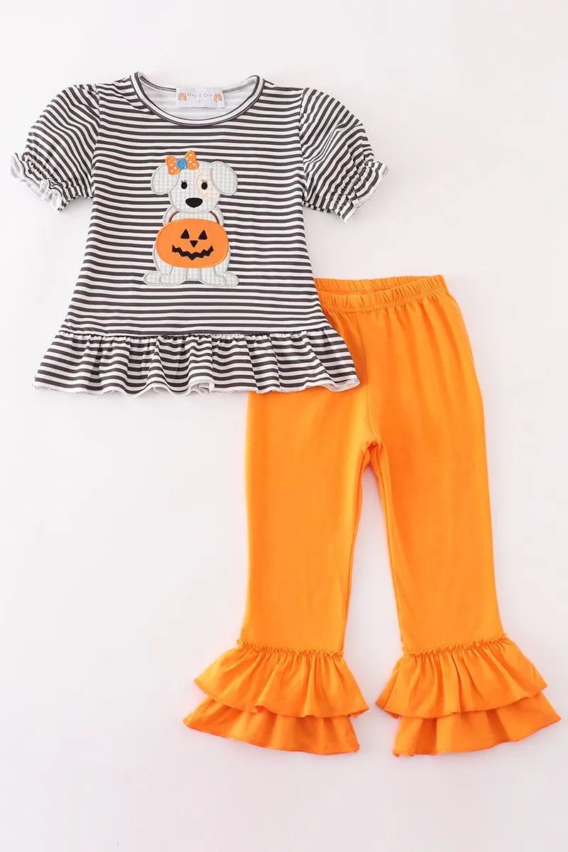 Abby & Evie Girl's Boutique Cotton Halloween Pumpkin Puppy Stripe Applique Girl 2 Piece Set Sibling Matching