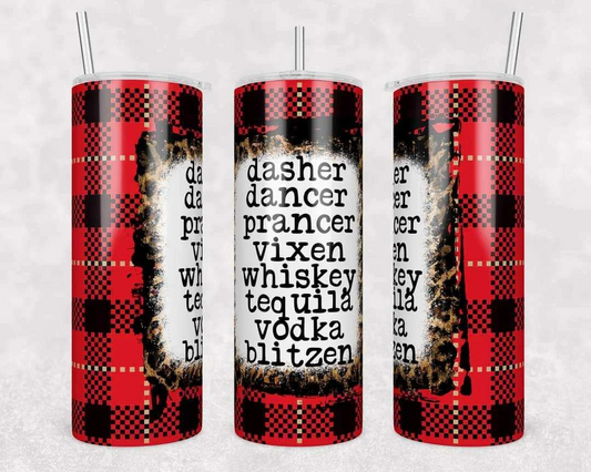 Red Plaid Christmas Reindeer Dasher Dancer Whiskey Tequila Vodka Stainless Steel Tumbler