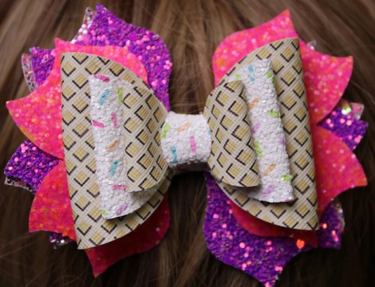 Purple And Pink Glitter Sprinkles Waffle Cone Hair Bow Stacked Boutique Handmade