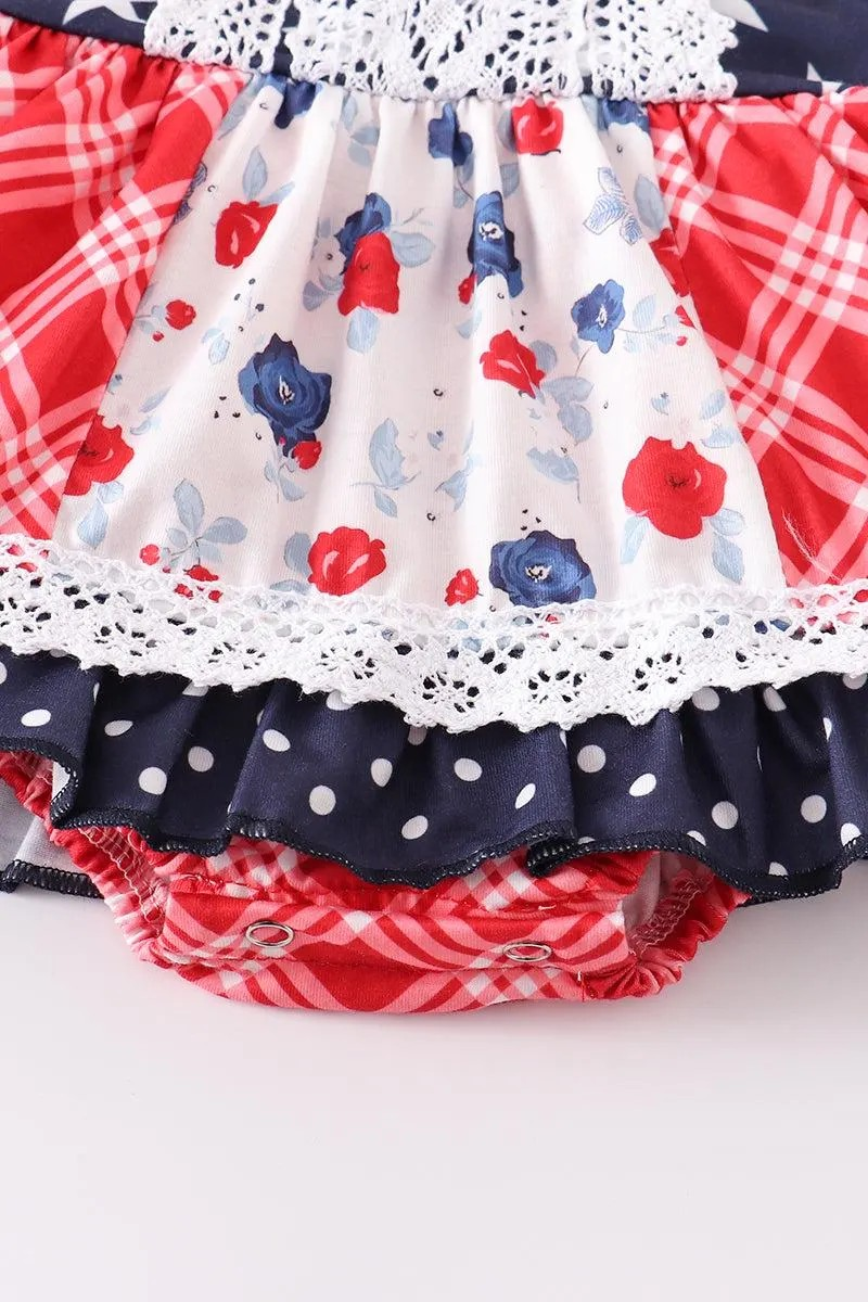 Abby & Evie Girl's Boutique Patriotic Floral Plaid Lace Smocked Bubble Romper Dress 4th of July Sibling Matching