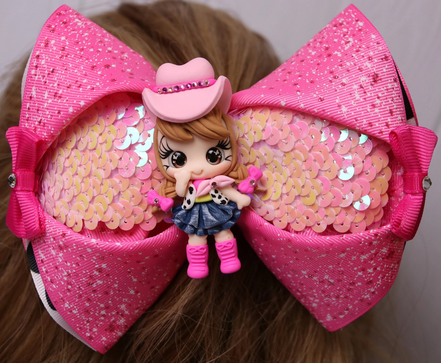 Pink Sequin Cowgirl Clay Doll Hair Bow Handmade Boutique