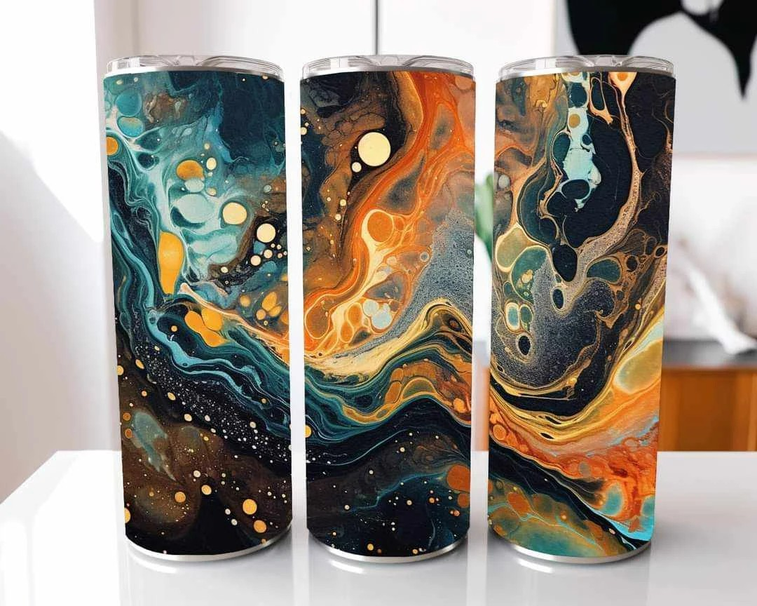 Blue And Gold Acrylic Pour Design Stainless Steel Tumbler