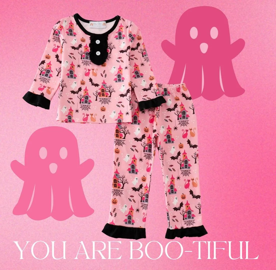 Abby & Evie Girl's Boutique Pink Ghost Bats Halloween Lounge Set