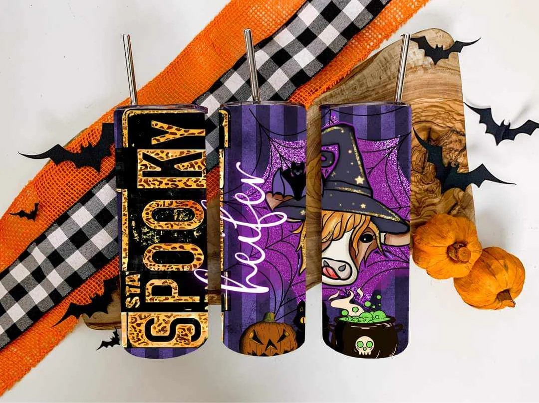 Purple Halloween Spooky Heifer Cow Stainless Steel Tumbler