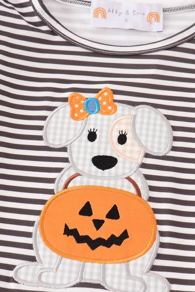 Abby & Evie Girl's Boutique Cotton Halloween Pumpkin Puppy Stripe Applique Girl 2 Piece Set Sibling Matching