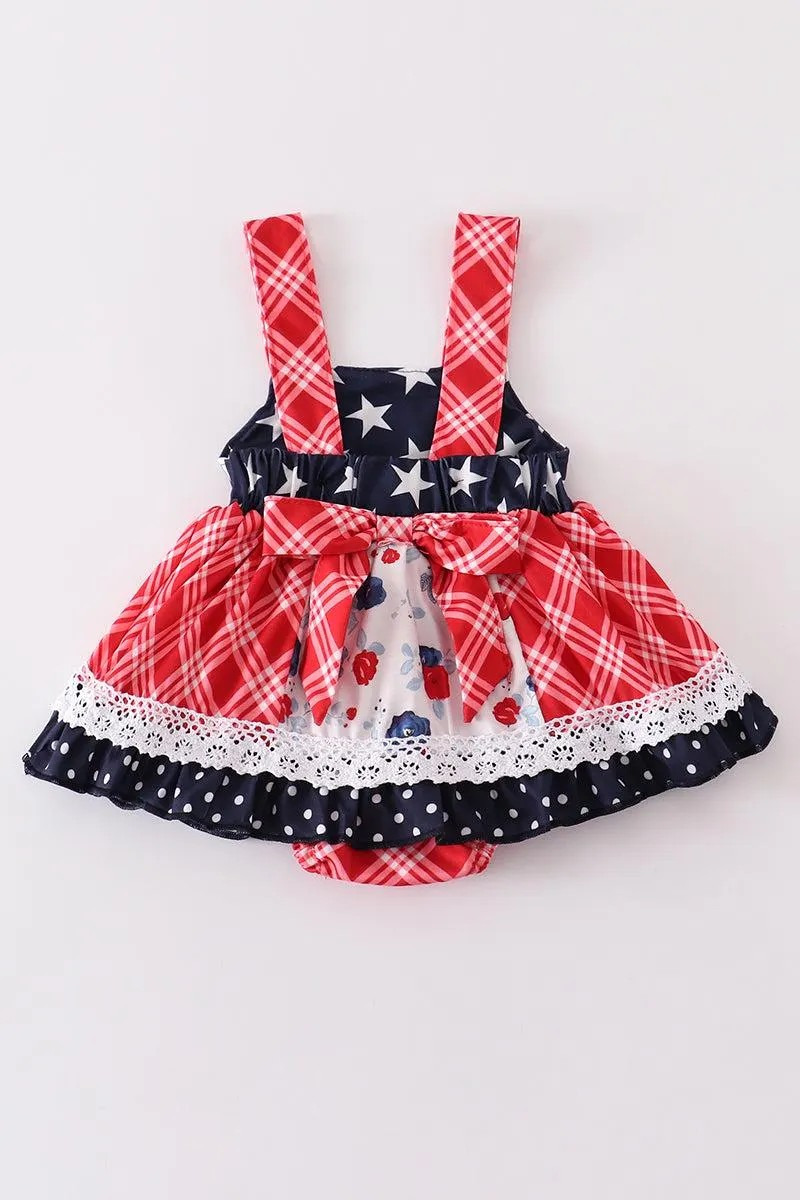 Abby & Evie Girl's Boutique Patriotic Floral Plaid Lace Smocked Bubble Romper Dress 4th of July Sibling Matching