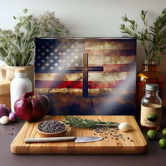 USA American Flag Cross Christian Glass Cutting Board