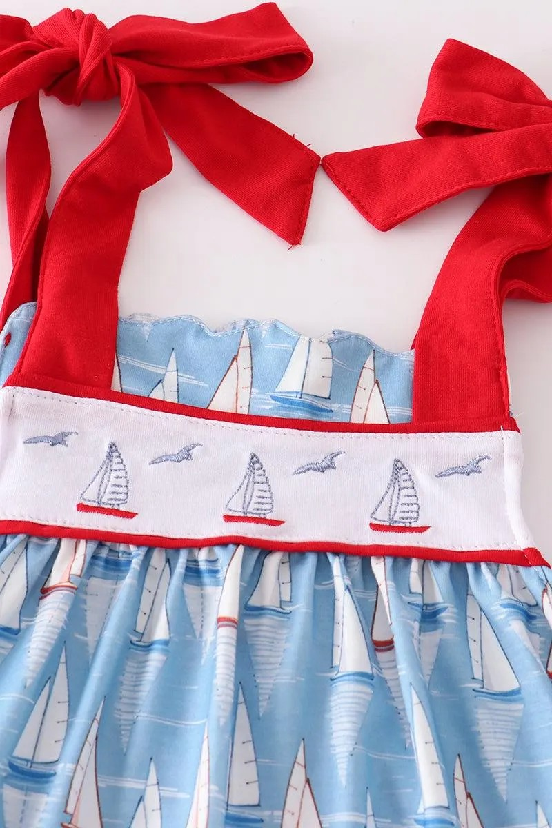 Abby & Evie Girl's Boutique Cotton Blue Sailboat Embroidered Summer 2 Piece Set Outfit Matching Sibling