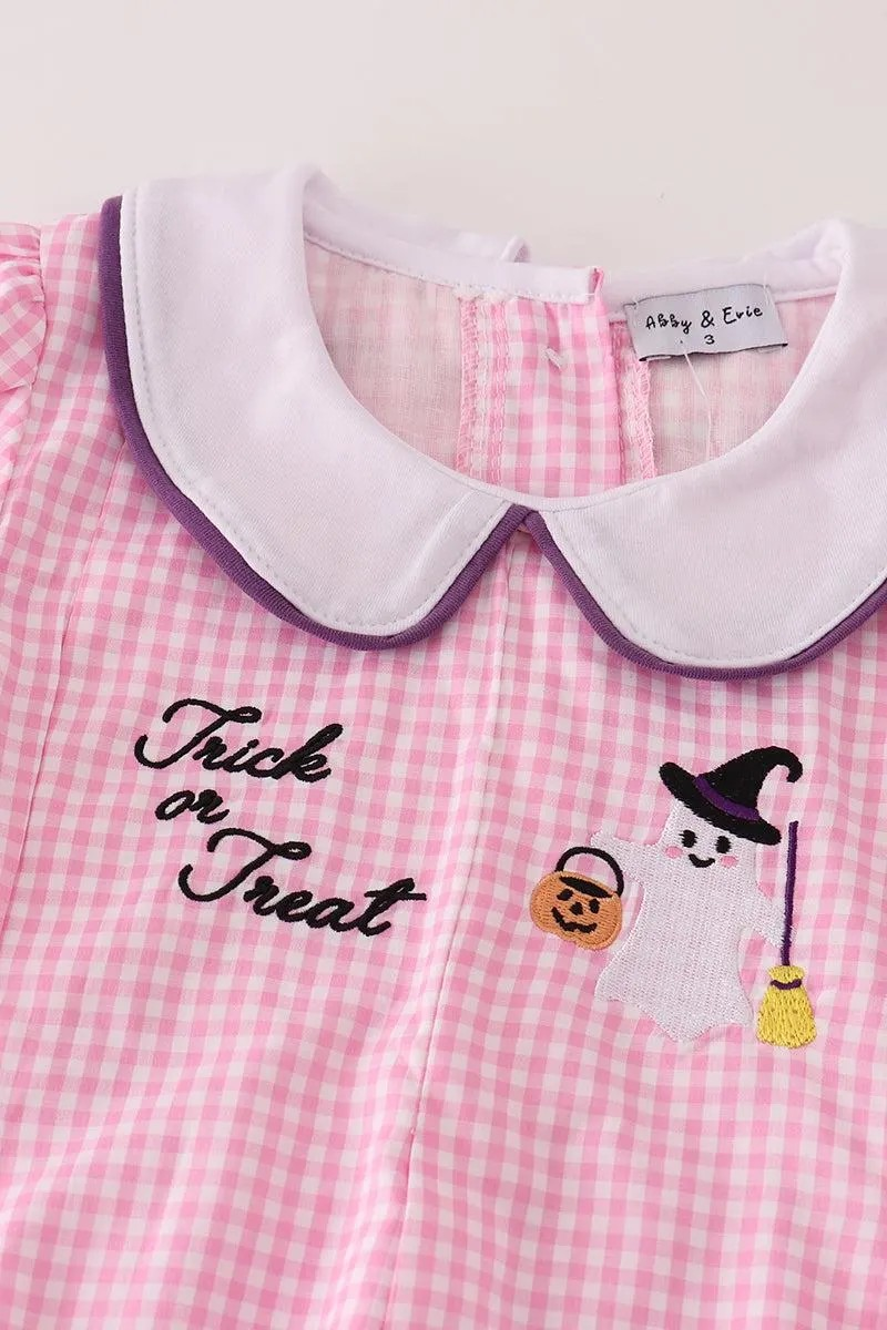 Abby & Evie Girl's Boutique Cotton Pink And Purple Plaid Halloween Embroidered Girl Set