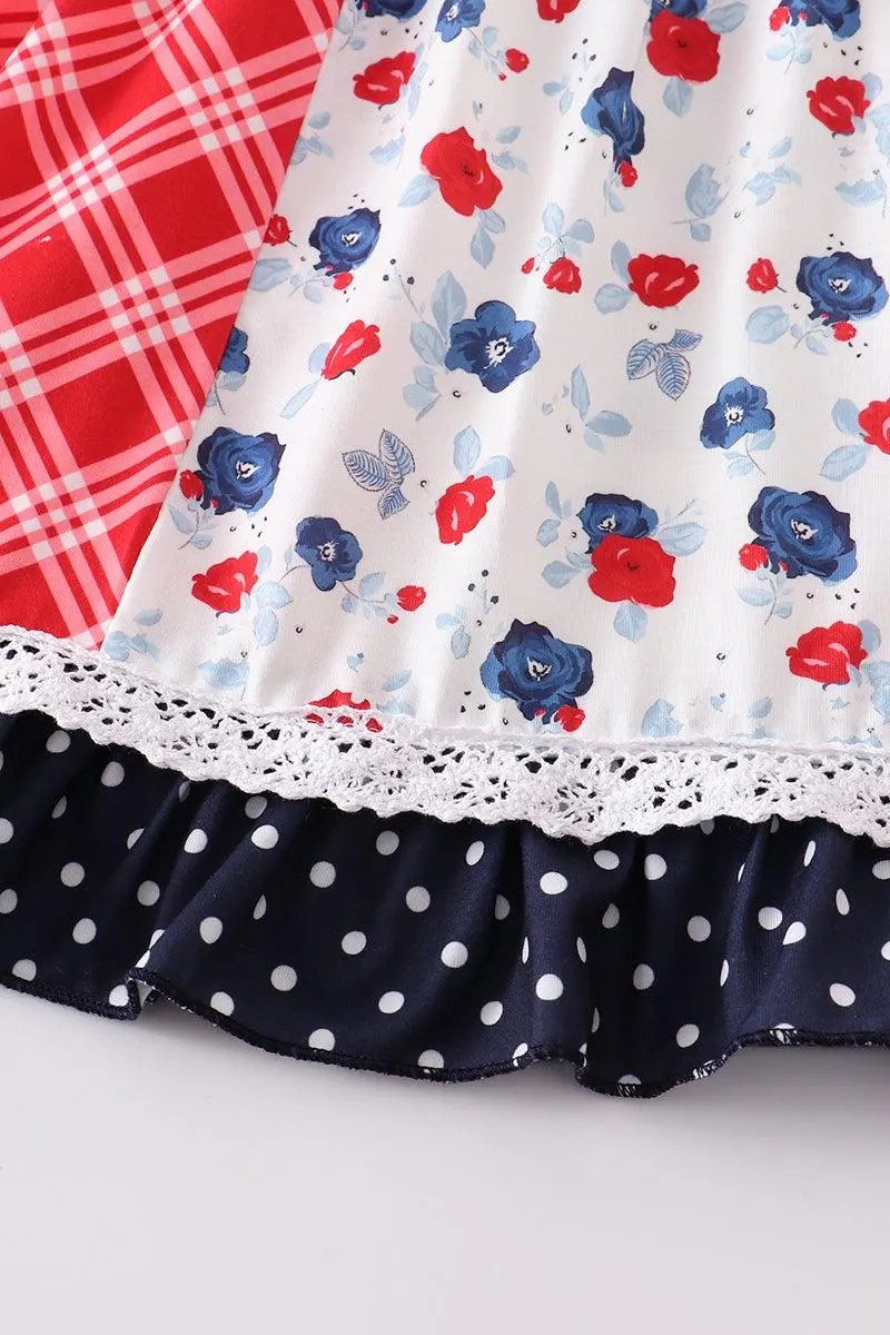 Abby & Evie Girl's Boutique Patriotic Floral Plaid Lace Smocked Dress 4th of July Sibling Matching