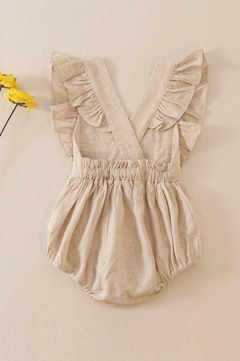 Petal & Pine Girl's Boutique Beige Floral Embroidered Linen Ruffle Strap Bubble Button Romper Matching Sibling