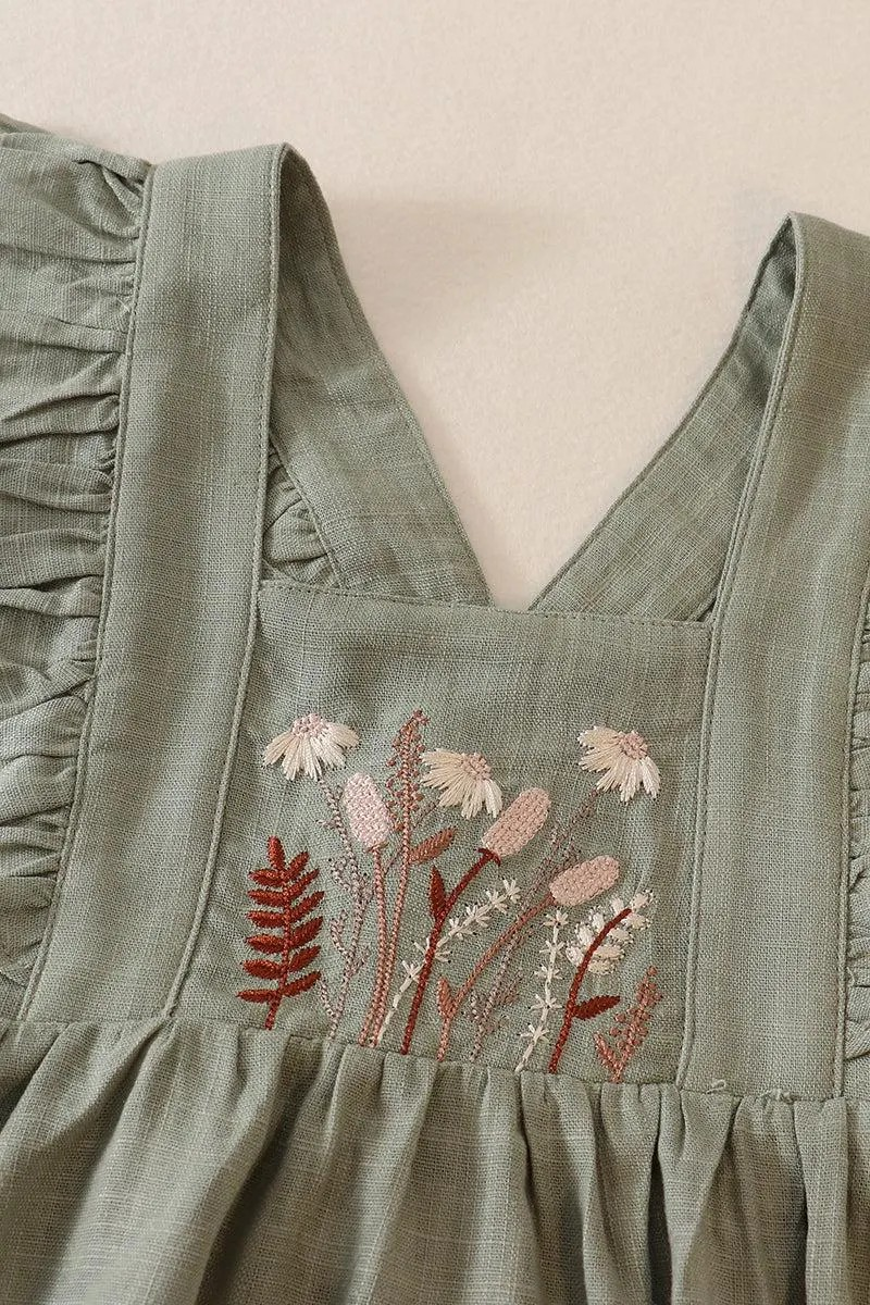 Petal & Pine Girl's Boutique Sage Green Floral Embroidered Linen Ruffle Strap Bubble Button Romper Matching Sibling