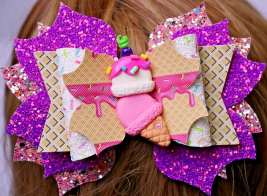 Purple And Pink Glitter Ice Cream Hair Bow Stacked Boutique Handmade