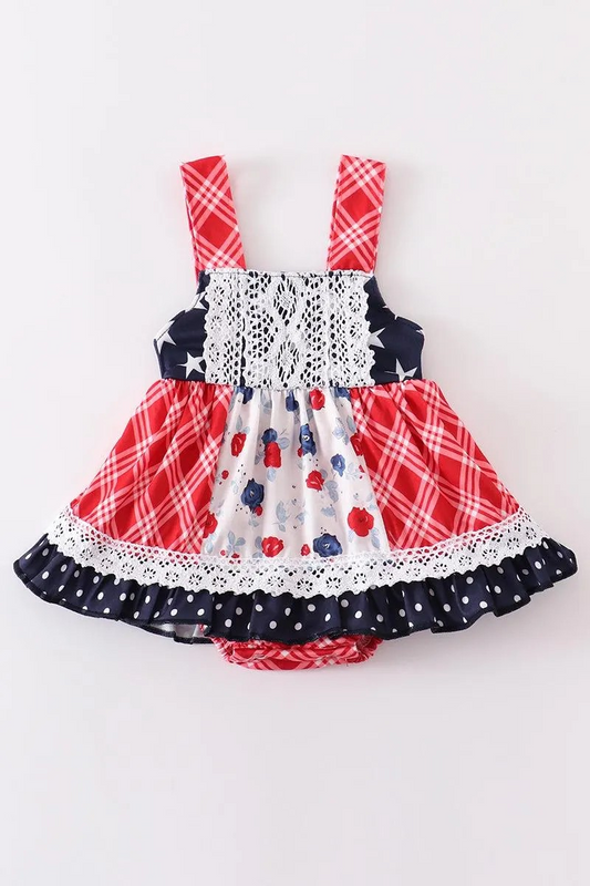 Abby & Evie Girl's Boutique Patriotic Floral Plaid Lace Smocked Bubble Romper Dress 4th of July Sibling Matching