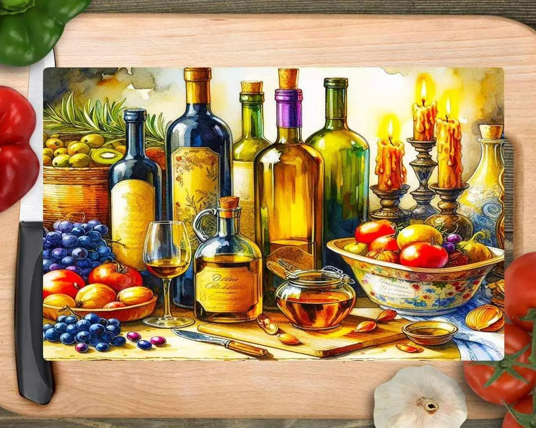 Oil Bottles Italiano Italian Kitchen Painting Glass Cutting Board