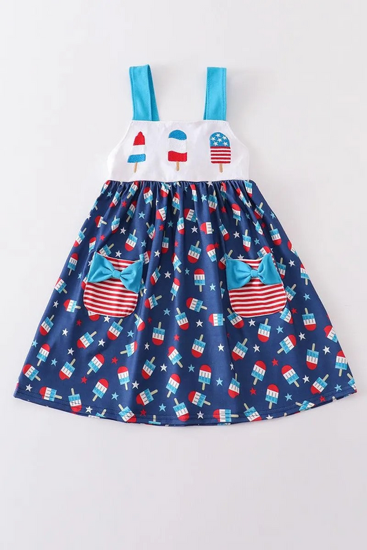 Abby & Evie Girl's Boutique Patriotic Popsicle Embroidered Strap Dress 4th Of July Independence Day Summer