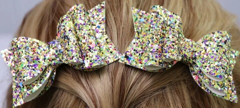 Set of TWO Multicolor Glitter Pigtail Hair Bows Piggies Boutique Handmade