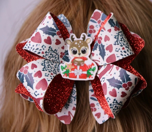 Red Reindeer Christmas Hair Bow Stacked Boutique Handmade