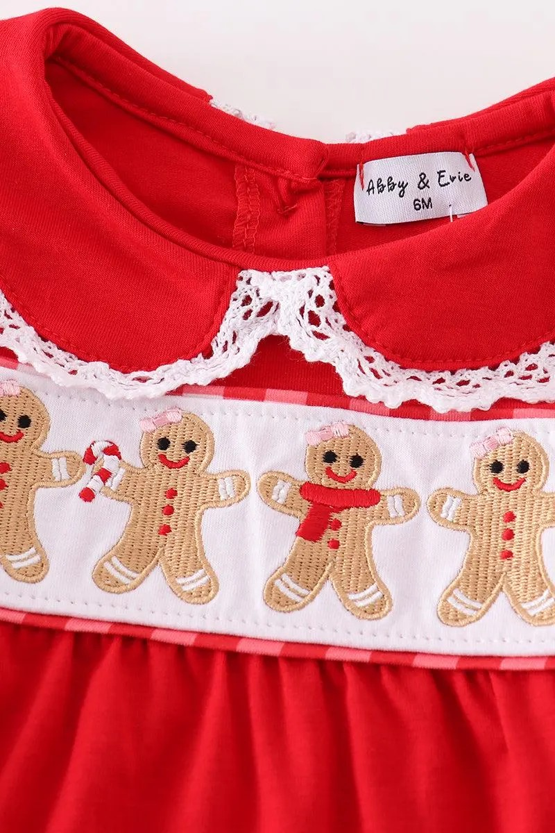 Abby & Evie Girl's Boutique Red Christmas Gingerbread Embroidered Embroidery Bubble Romper Sibling Matching