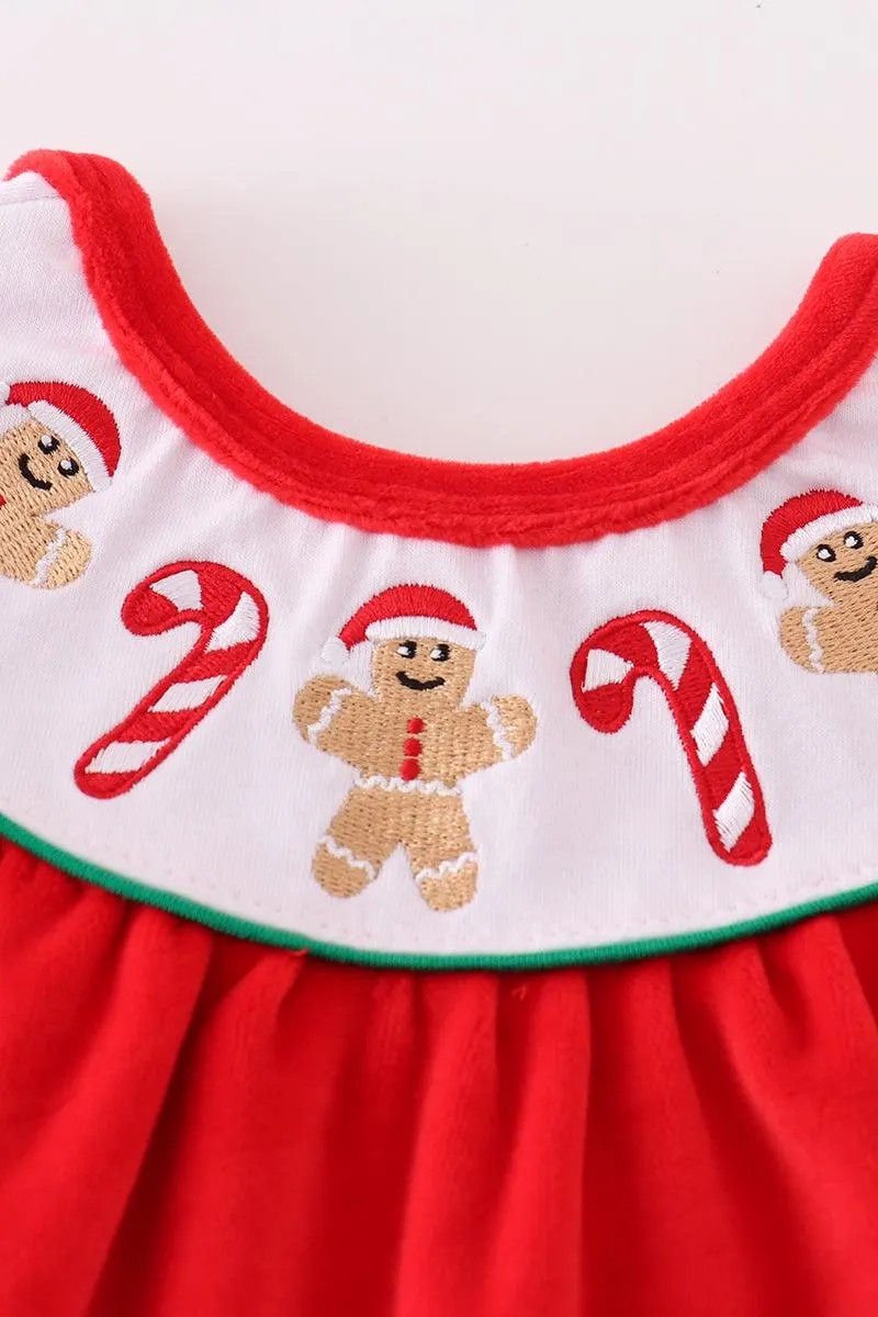 Abby & Evie Girl's Boutique Red Velvet Christmas Gingerbread Embroidered Embroidery Ruffle Romper Short Sleeve Sibling Matching