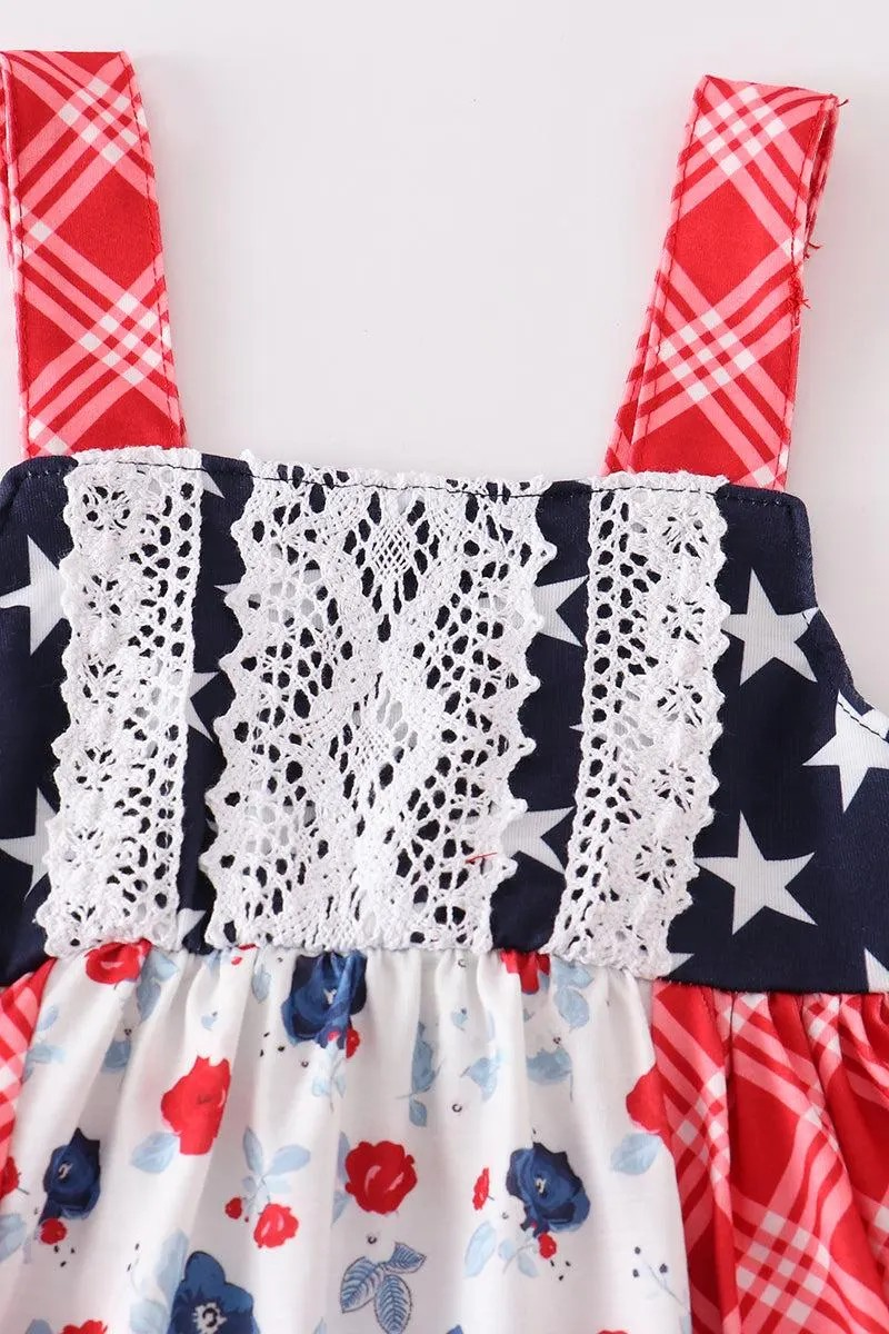 Abby & Evie Girl's Boutique Patriotic Floral Plaid Lace Smocked Dress 4th of July Sibling Matching