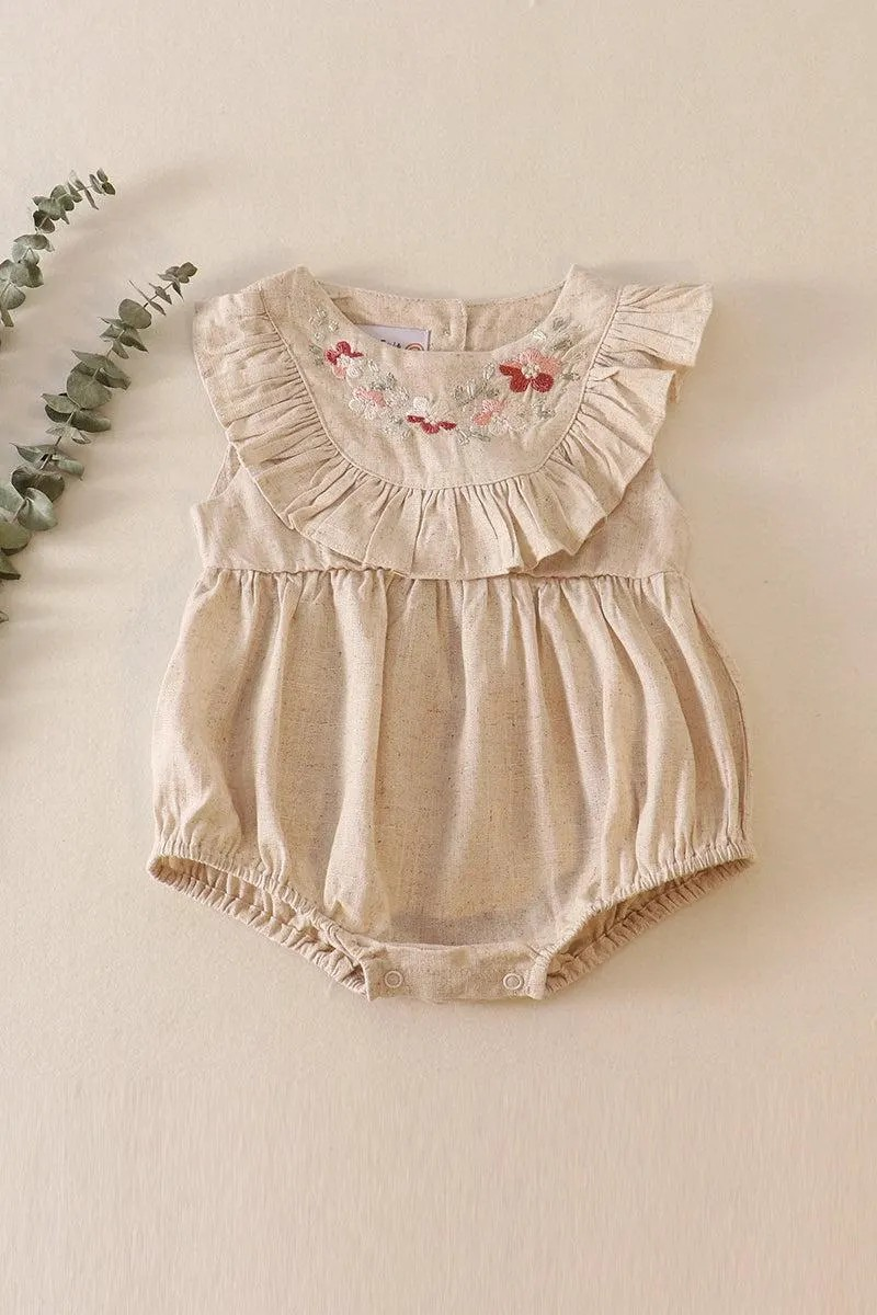 Petal & Pine Girl's Boutique Beige Floral Embroidered Linen Ruffle Bubble Button Romper Matching Sibling