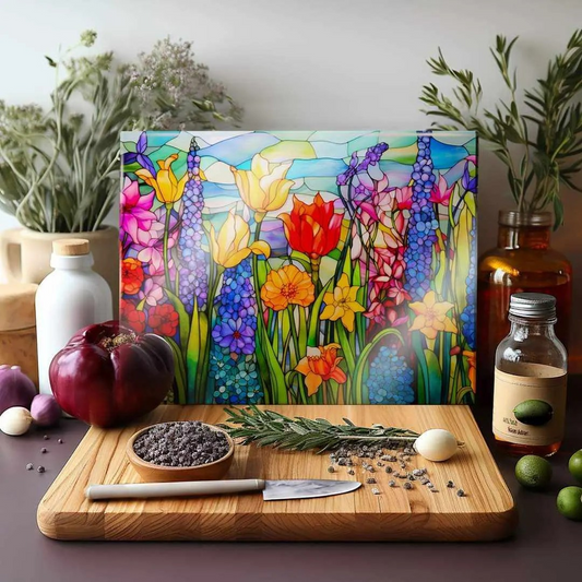 Multicolor Stained Glass Look Floral Flowers Field Glass Cutting Board