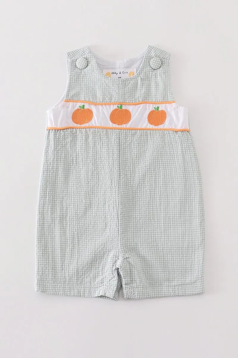 Abby & Evie Boy's Boutique Premium Green Pumpkin Embroidered Embroidery Thanksgiving Fall Jon Jon Romper Outfit Matching Sibling