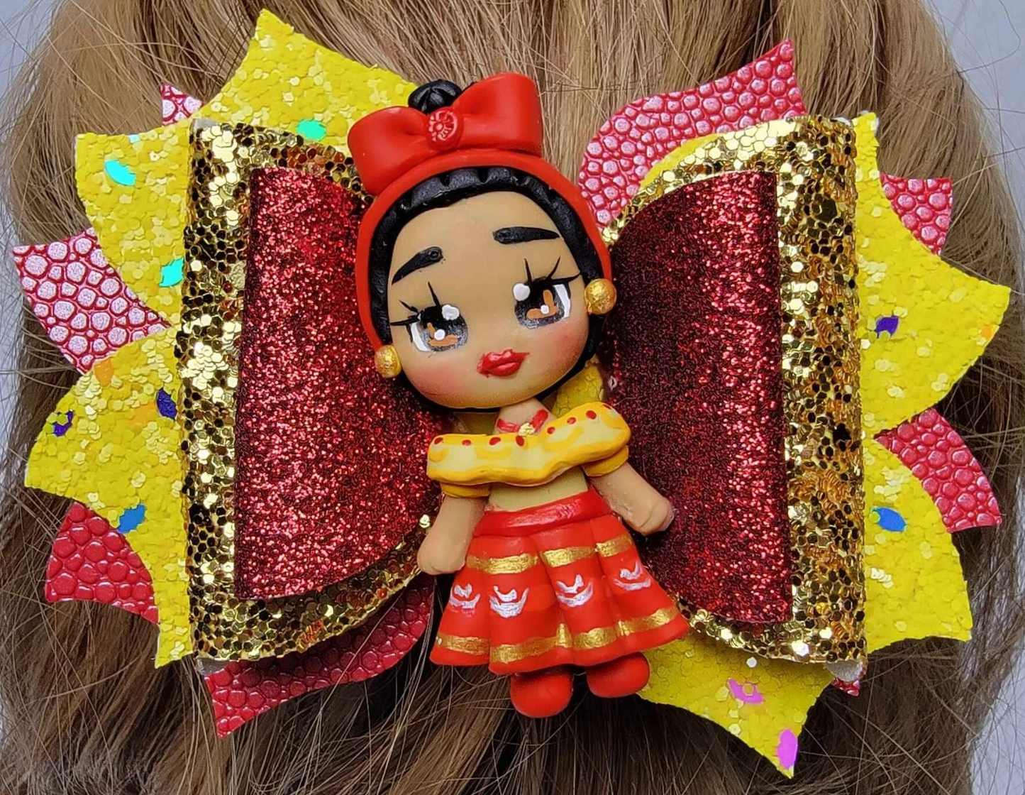 Red And Yellow Glitter Girl Clay Doll Hair Bow Stacked Boutique Handmade