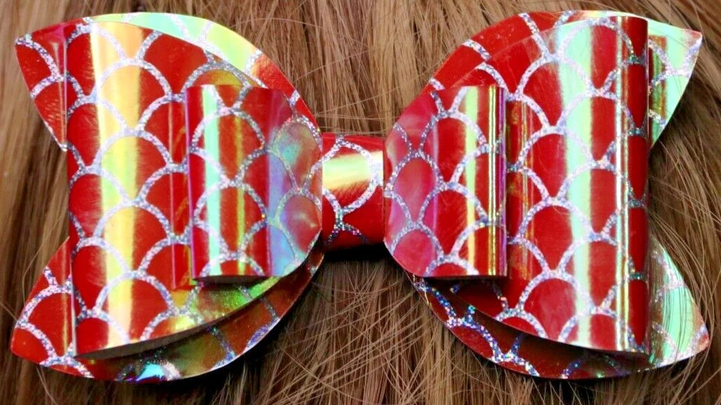 Red Holographic Mermaid Fish Scales Hair Bow Stacked Boutique Handmade